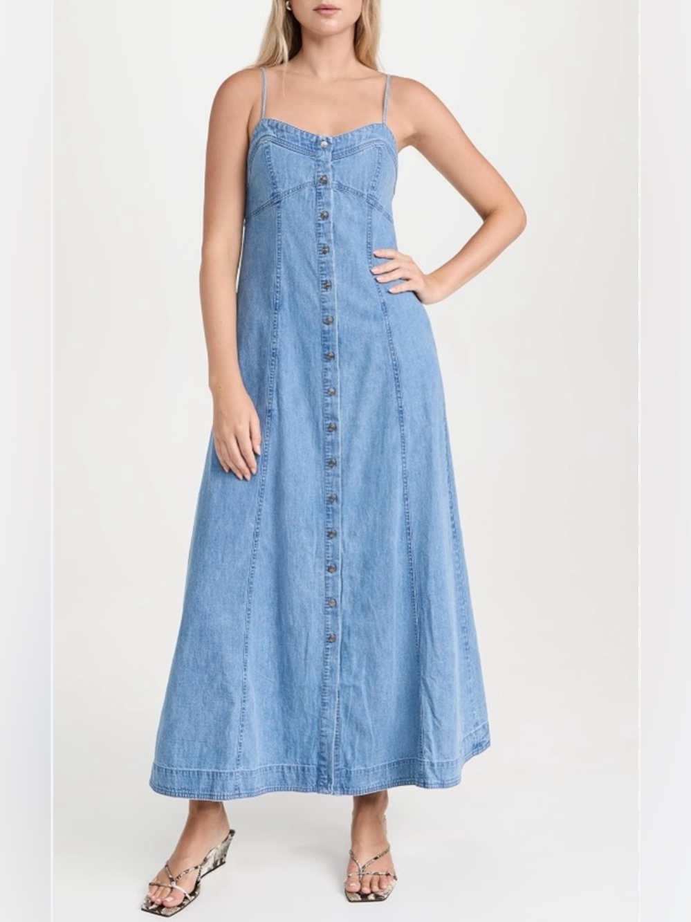 Free People Blue Button-Front Denim Maxi Dress